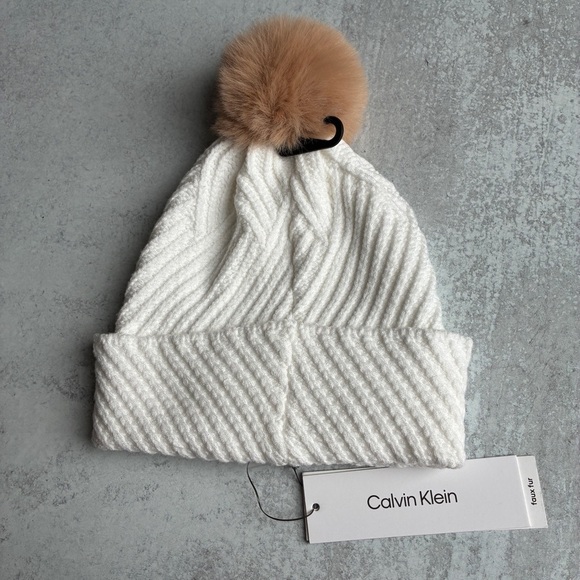 Calvin Klein White Knit Faux Fur Pom Beanie Hat